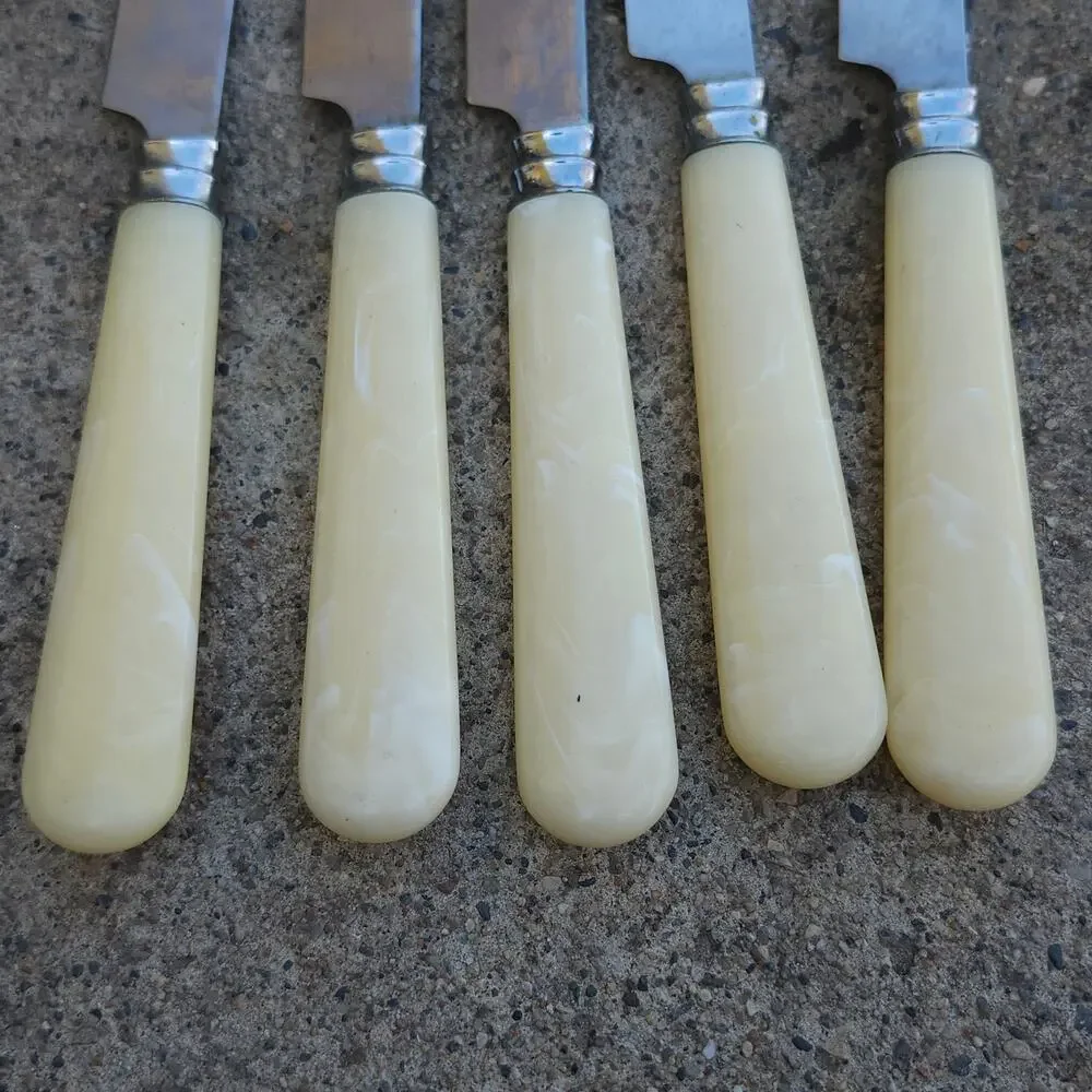 5 Pc Faux Mother Of Pearl Handle Dinner Steak Knives Stainless China Cream Lot